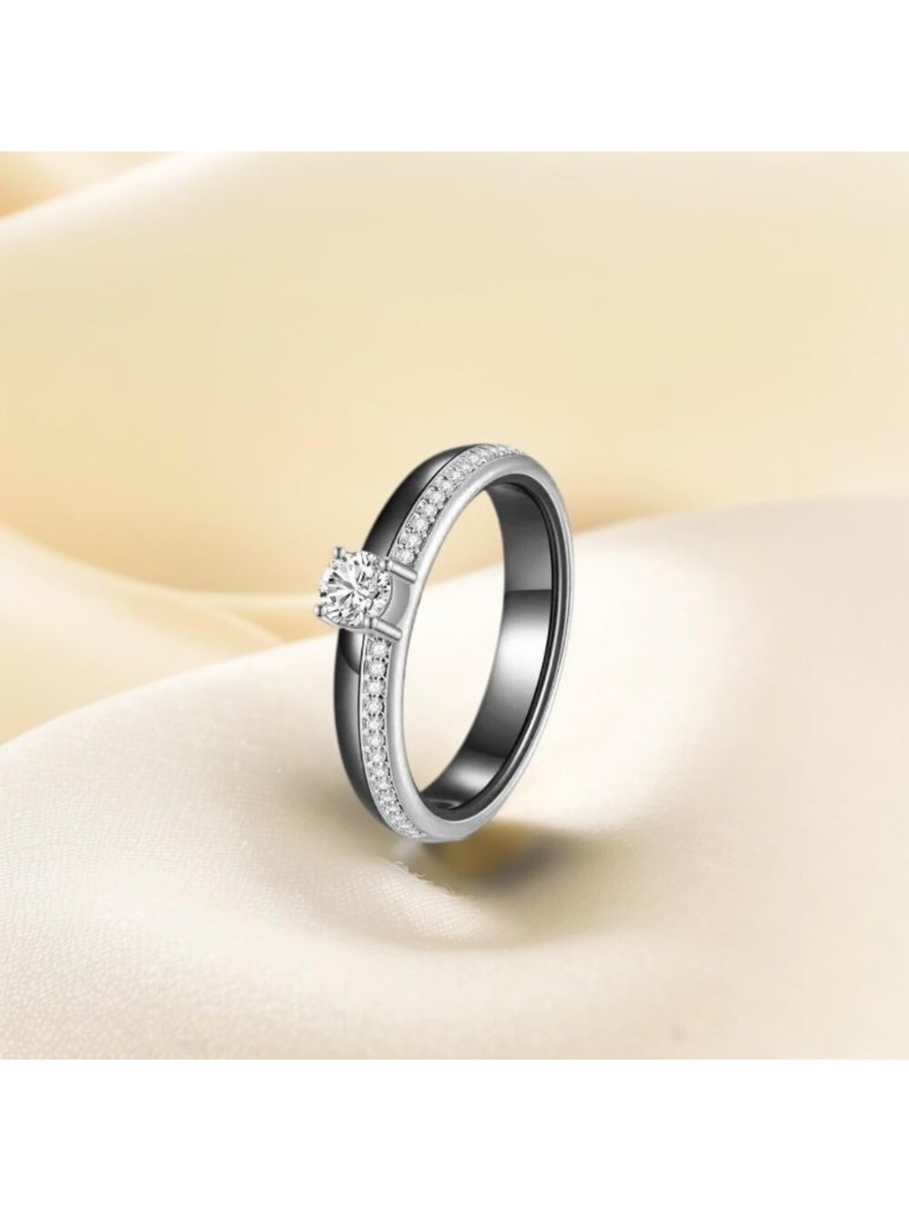 Stylish 6mm White & Black Ceramic Engagement Wedding Band with Zirconia, Sizes - Picture 4 of 6
